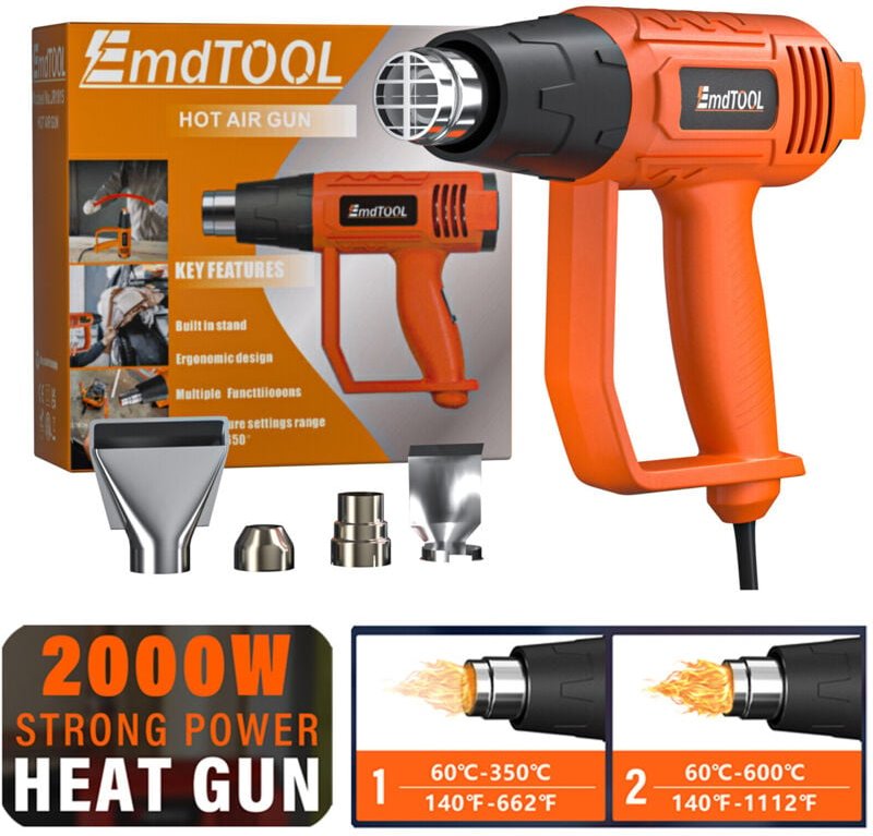 Dayplus - Heißluftpistole, Heißluftfön mit 2 Temperaturregelung 300-600℃ 2000W mit 4 Düsen