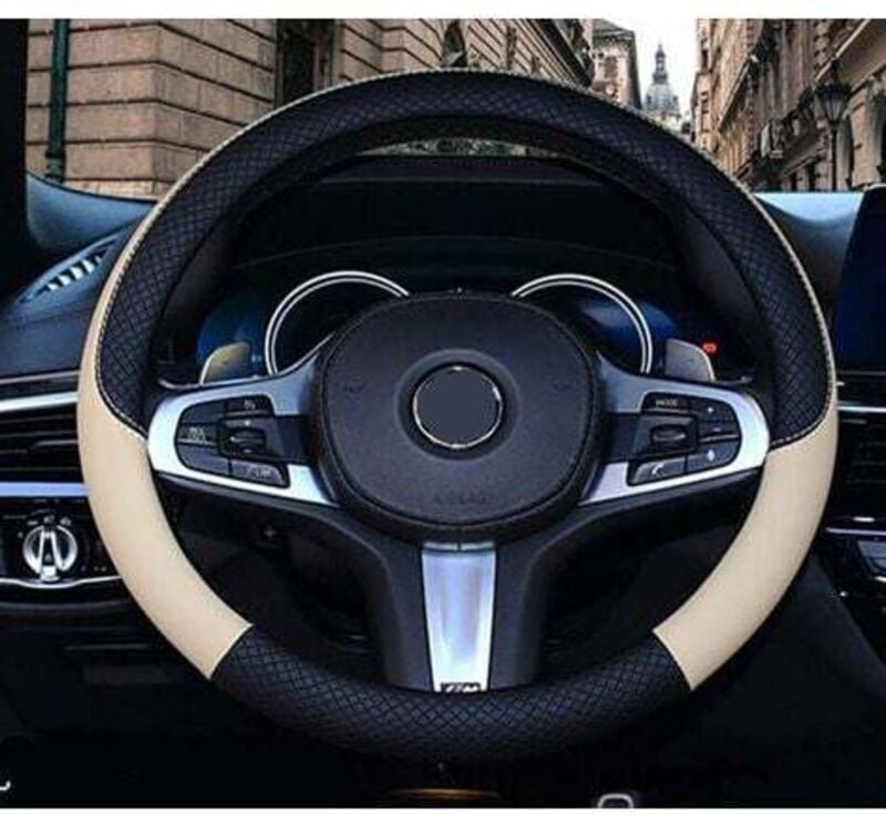Jalleria - Auto-Lenkradbezug, geeignet für alle Jahreszeiten, beige Mikrofaser-Leder-Lenkradbezug mit Wellennaht