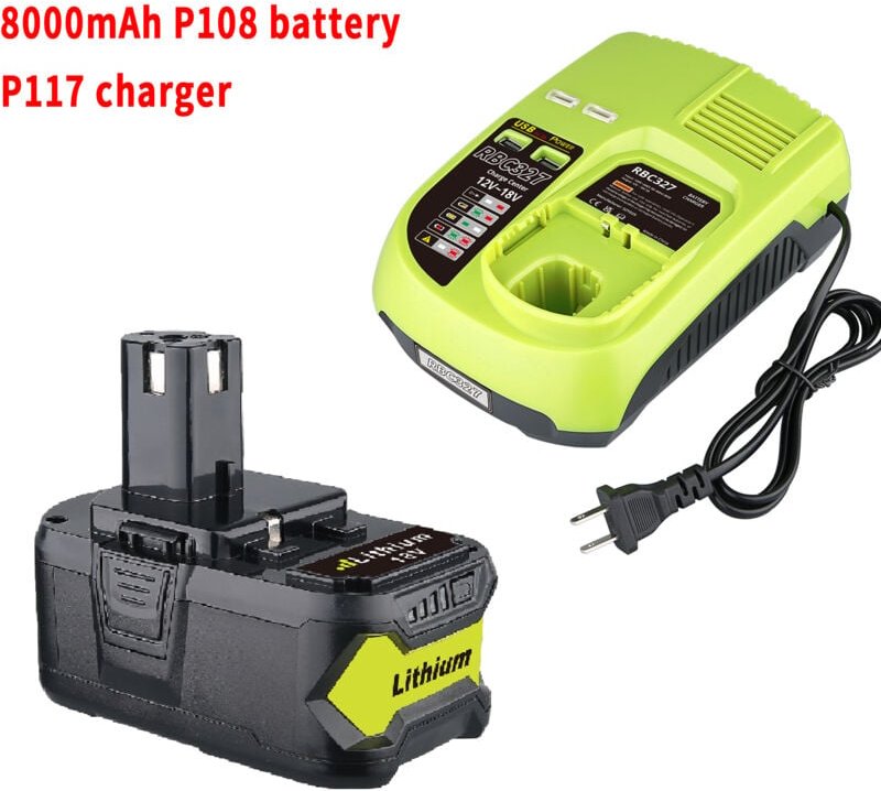 Pdstation - Upgrade auf 18 v 8,0 Ah P108 Akku + P117 Schnellladegerät Dual usb Smart Port für Ryobi 18 Volt Ersatzakku u...