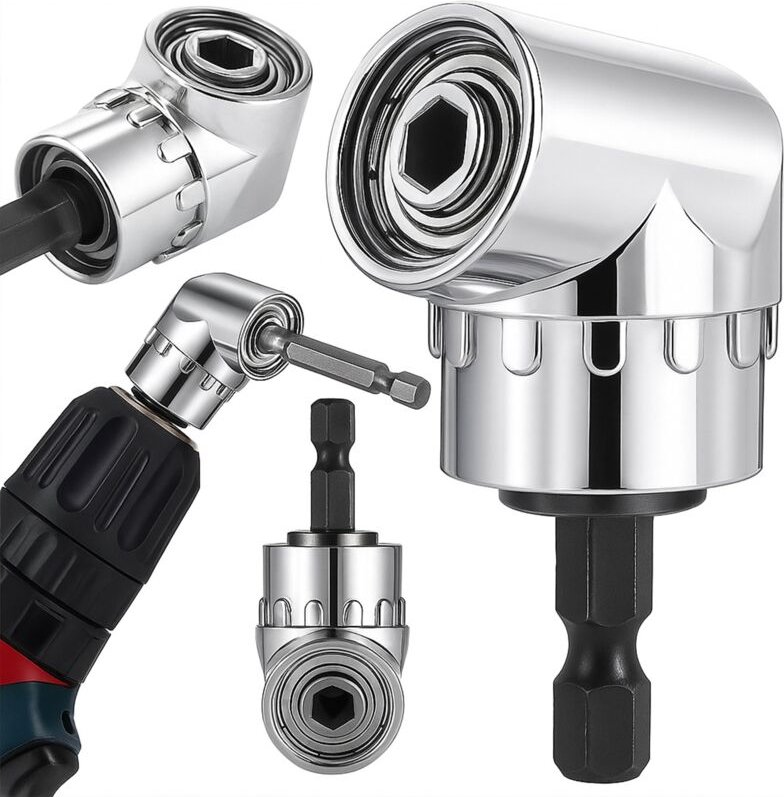 90°-Winkeladapter, Aufsatz, Steckschlüssel, Schraubendreher, Bohrerhalter, silber