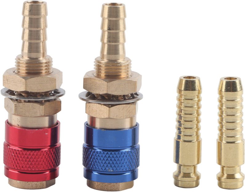 8-mm-Schnellkupplungen für WIG-Schweißbrenner, wassergekühlt und gasverträglich.