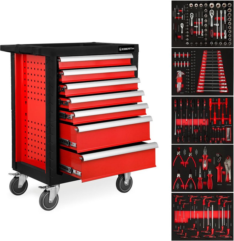 EBERTH Werkstattwagen Werkzeugwagen Rot inkl. Werkzeug (7 kugelgelagerte Schubladen, 5 Laden mit Werkzeug bestückt, absc...