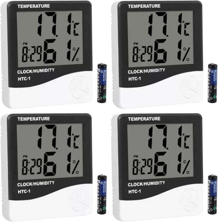 4-fach digitales Thermometer, Hygrometer, Raumthermometer, Luftfeuchtigkeitsmesser, Wecker. Kompakt und funktional.
