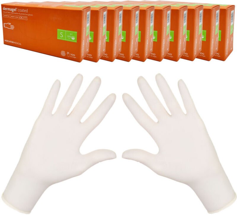 Latexhandschuhe S Mercator Dermagel beschichtet, 100 Stück, Karton mit 10 Packungen