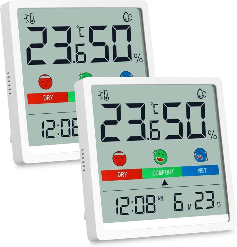 Set mit 2 Innenthermometern und Hygrometern, Mini-Digitalthermometer mit interaktiver Farbanzeige, für Terrasse, Garten,...