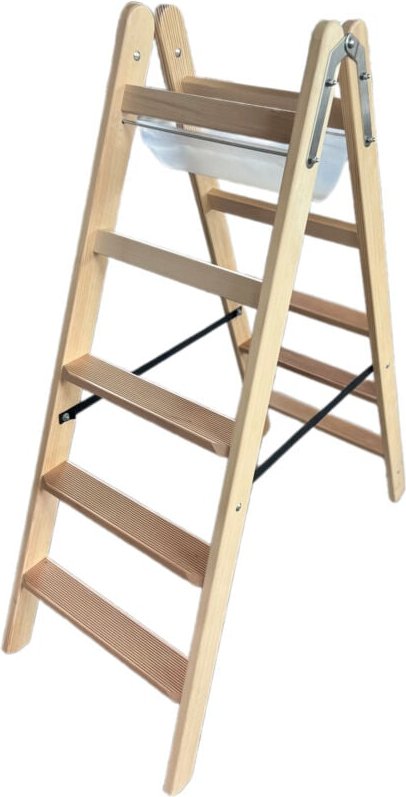 Siedra Holz Stufenstehleiter HSL nach TRBS 2121-2 mit Werkzeugtasche und Eimerhaken 2x7 Stufen