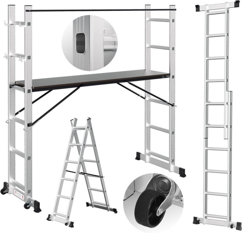 TolleTour Arbeitsgerüst Alu Mehrzweckleiter 2x6 Stufen Multifunktionsleiter A-Rahmenleiter Multigerüst Baugerüst bis 150...
