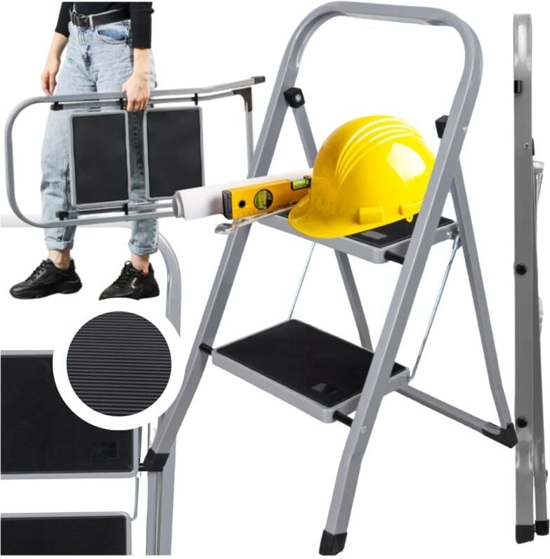 Leiter 2 Stufen Haushaltsleiter klappbar Stahl Metall grau 150 kg