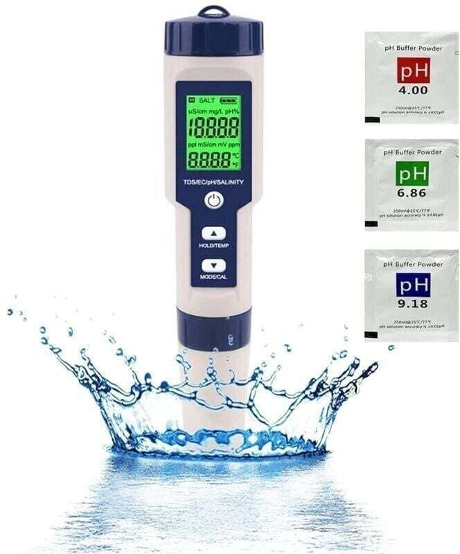 Elektronisches pH-Meter, 5-in-1-Poolwassertester mit Hintergrundbeleuchtung, pH/TDS/EC/Salzgehalt/Temperaturmessgerät mi...