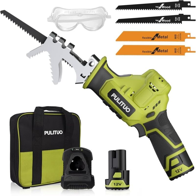 Akku-Säbelsäge, PULITUO 12 V Akku-Säbelsäge, elektrische Säbelsäge, variable Geschwindigkeit 0–2700 U/min, grüne Akku-Sä...