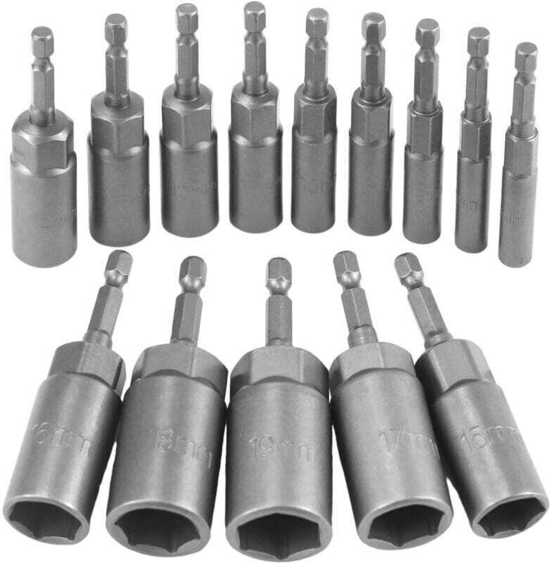 14-teiliges Tiefbett-Schlagschrauber-Set, 6–19 mm Schraubendreher-Bit-Set, Sechskant-Adapter-Steckschlüssel-Set für Schr...