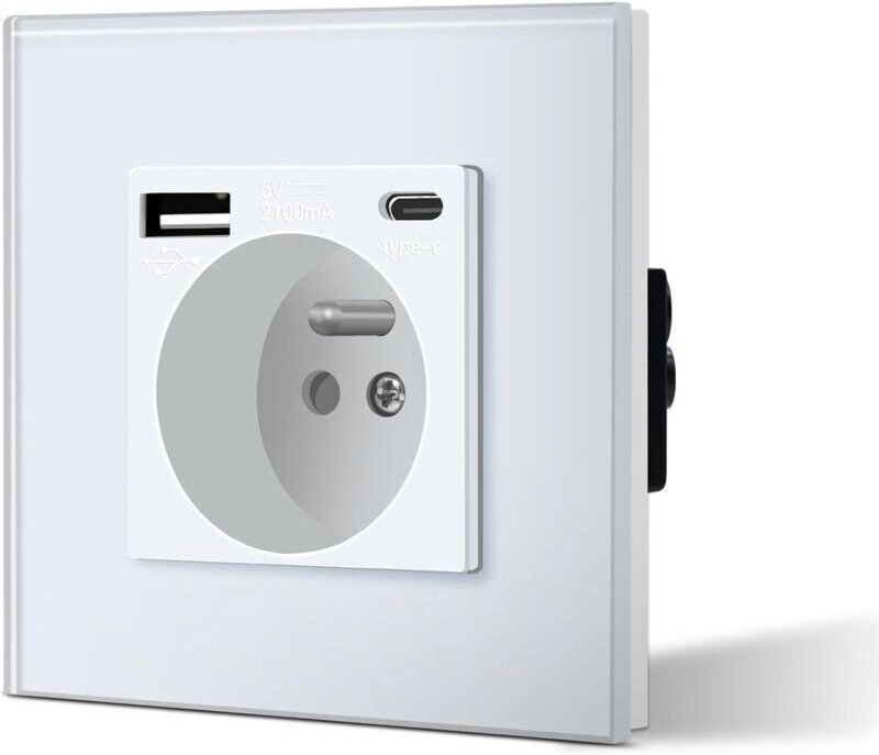 Wandsteckdose mit USB- und Typ-C-Anschluss, Glassteckdose mit USB-Anschluss, 2,1 A Stromstärke, 16 Ampere, 240 V, 86 mm,...