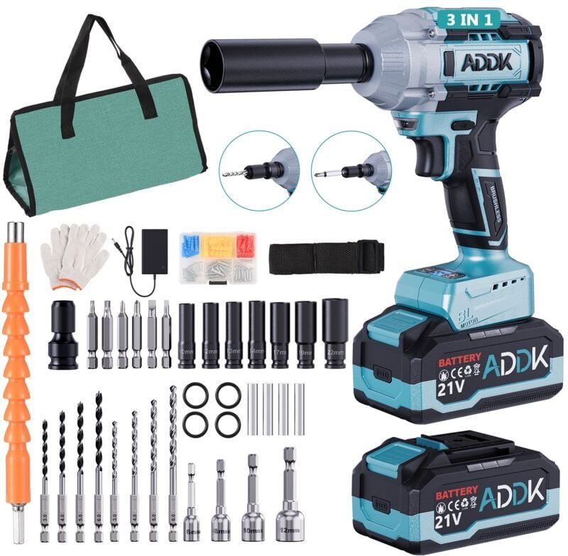 Akku-Schlagschrauber 21 V mit 2 Akkus 4,0 Ah – 1/2'' 550 Nm – 6 Gänge – 3300 U/min – 7 Steckschlüsseleinsätze – Blau