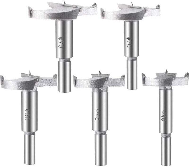 5-teiliges Holzbohrer-Set (40/45/50/60/70 mm) Hartmetall-Holzfräser-Sortiment zum Bohren von Holzprodukten, Schubladen, ...