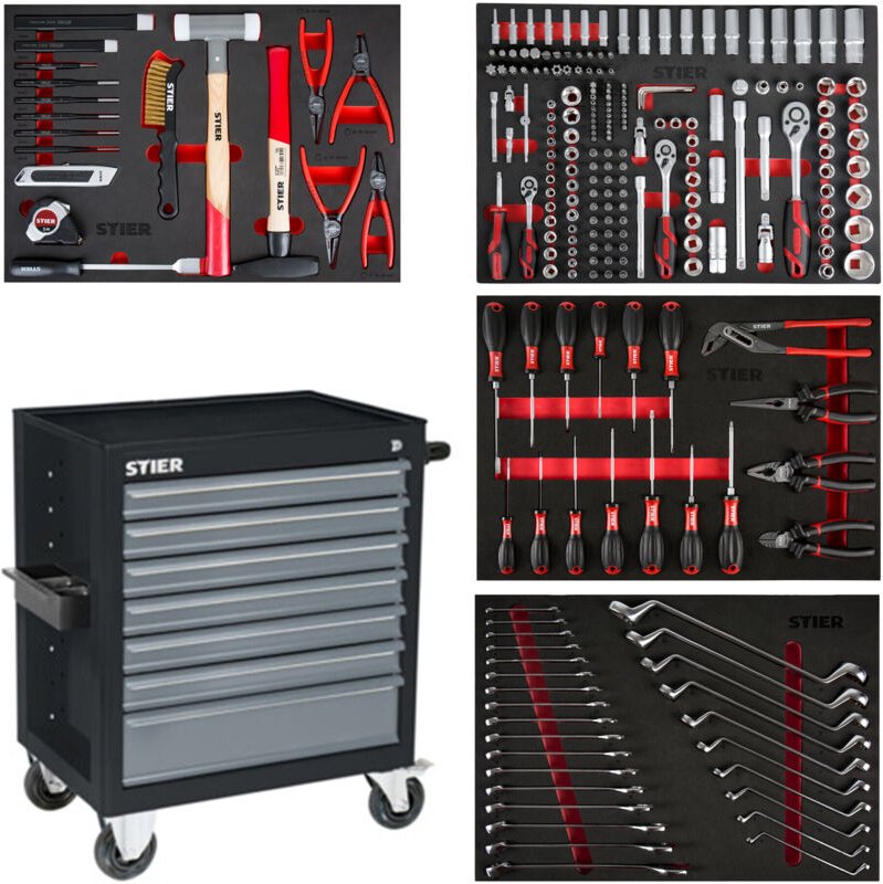 STIER Werkstattwagen Black, bestückt 241-teilig, Werkzeuge in Weichschaumeinlage (EVA), Tragkraft 300kg, 7 Schubladen