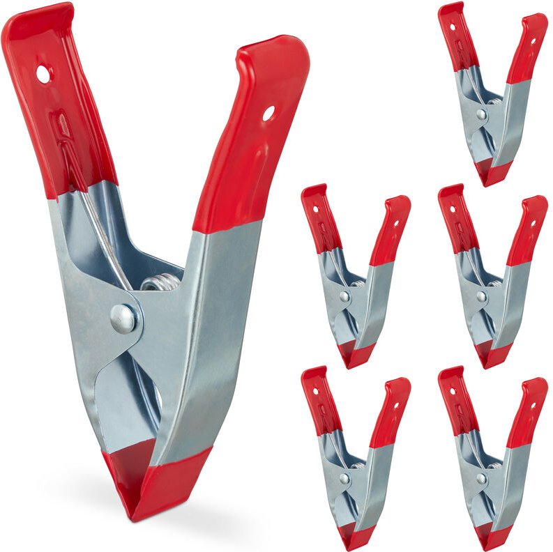 Relaxdays Klemmzwingen Metall, große Federzwingen im 6er Set, Spannweite 50 mm, Foto, Pool, Leimklemmen 145 mm, rot