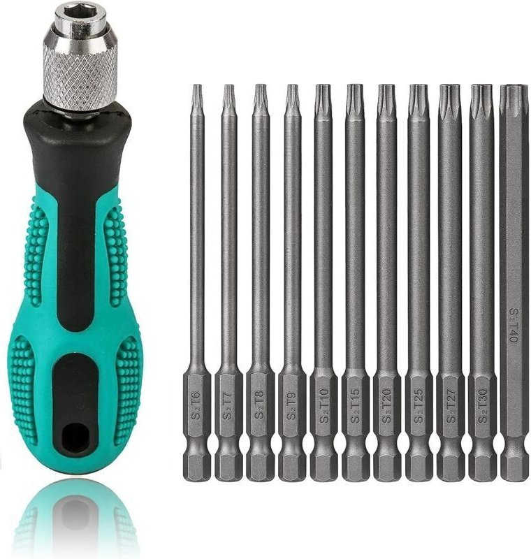 T6-T40 Schraubendreher-Bit-Set, 12-teilig, 100 mm lang, mit Magnetbits, inklusive T30-Bit und Griff, 1/4-Zoll-Sechskants...