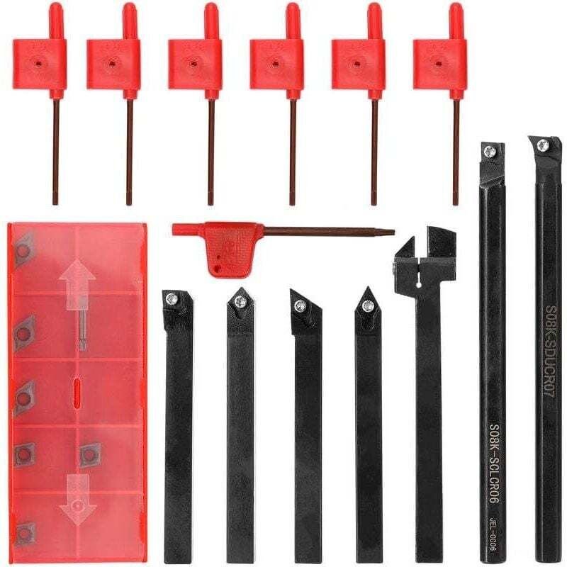 Jeu de 7 outils de tournage, avec clé et plaquettes, compatible avec porte-outil de tour CNC - 8 mm