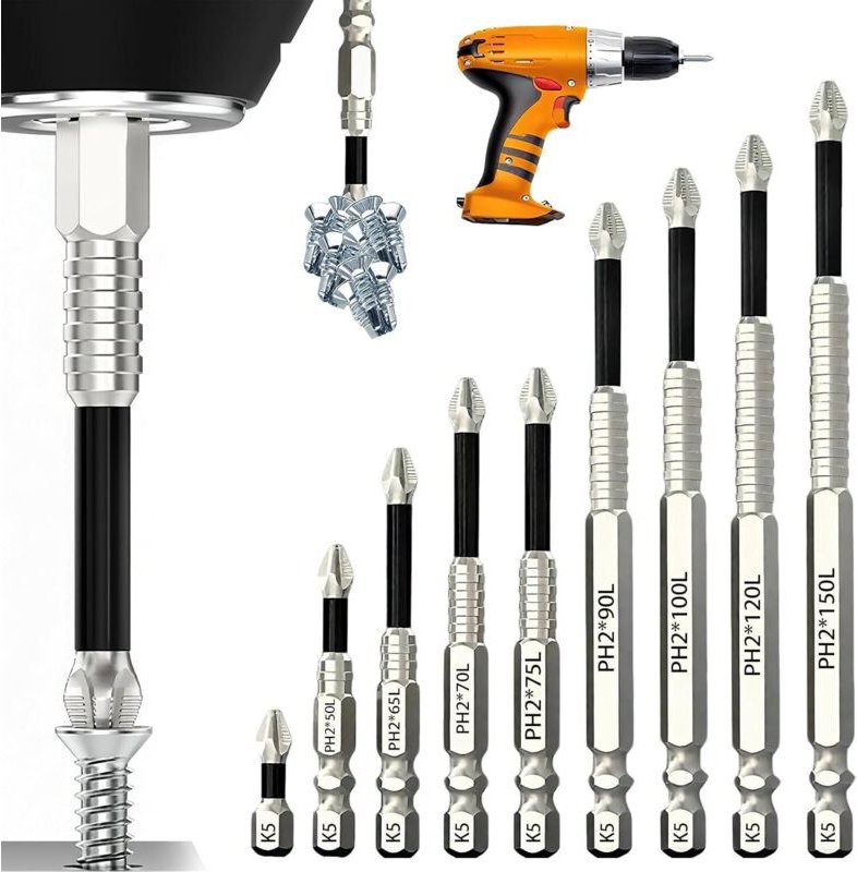 Thumbnail - 9-teiliges magnetisches Schraubendreher-Set, hochmagnetischer Schraubendreher-Bit, PH2 25–150 mm, rutschfeste Kreuzschli...