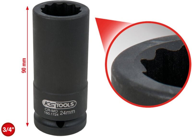 3/4" 12-kant-Antriebswellen-Kraftstecknuss, lang, 24mm