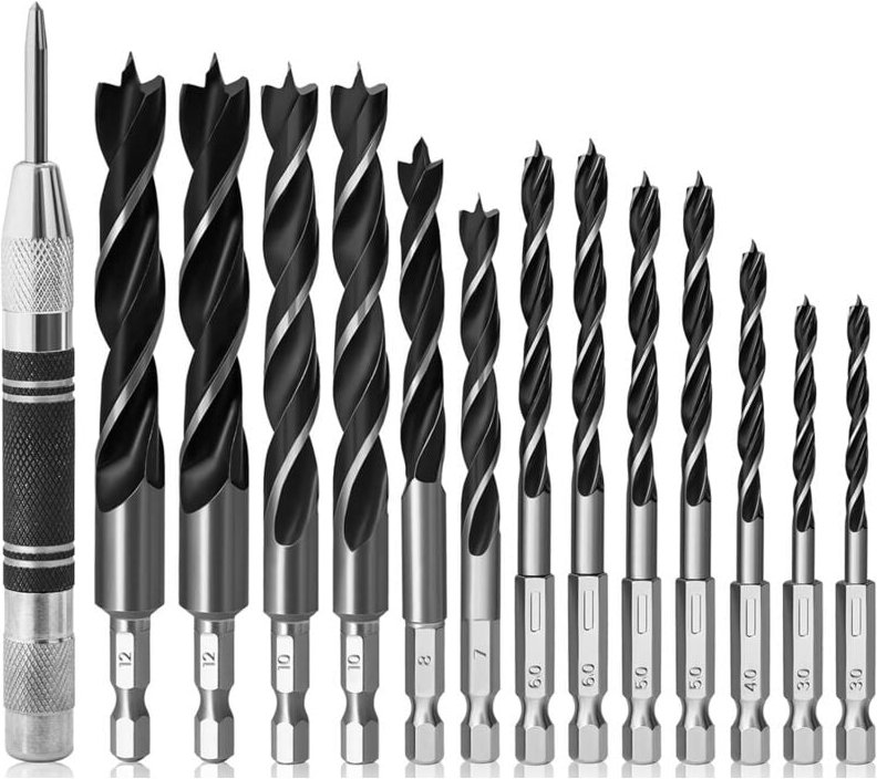 14-teiliges Holzbohrer-Set mit Körner, Doppelnut-Design für Holzbearbeitung, Tischlerei und Spanplat