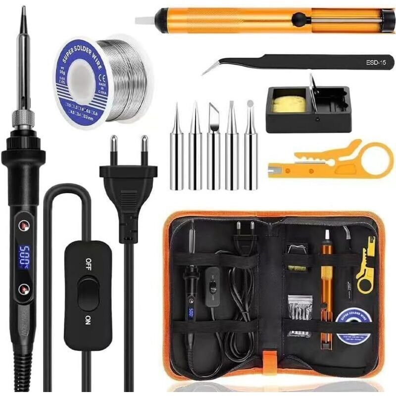Lötkolben Set 80W LCD Einstellbar Temperatur 180-520°C Lötkolben mit Ein/Aus Schalter, 50g Lötdraht, 5 Lötspitzen, Pinze...