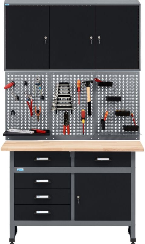 Küpper Werkstatt Sparset 70424-9, Breite 120 cm, Werkbank, Hängeschrank, Lochwand inkl. 12 Standard-Haken