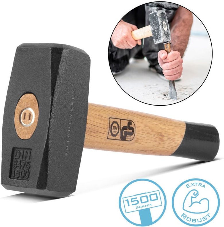 STAHLWERK Fäustel 1500g Plattenhammer aus Carbon-Stahl Holzstiel Vorschlaghammer