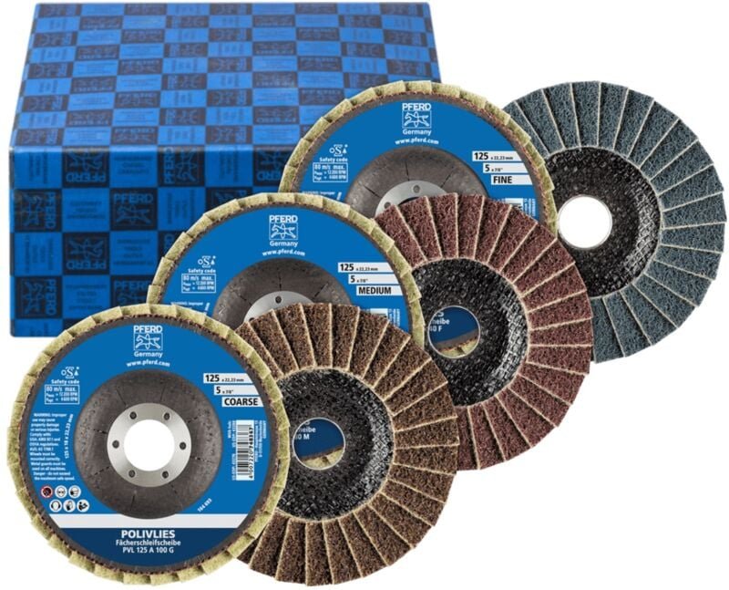 POLIVLIES-Fächerscheiben-Set pvl 3-tlg. Korund ø 125 mm Bohrung ø 22,23 mm A100,180,280 - Pferd