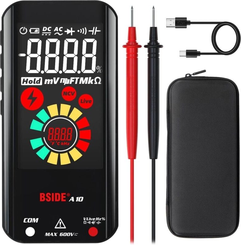 A10 Mini-Digitalmultimeter, wiederaufladbar, großes Farb-LCD, 6000 Zählwerte, automatischer Bereichswahl, Spannungsteste...