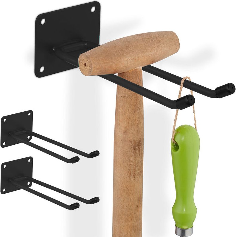 Relaxdays - Gerätehalter 3er Set, Doppelhaken, Besenhalter für die Wand, Garten, HxBxT: 7,5 x 9 x 24 cm, Stahl, schwarz