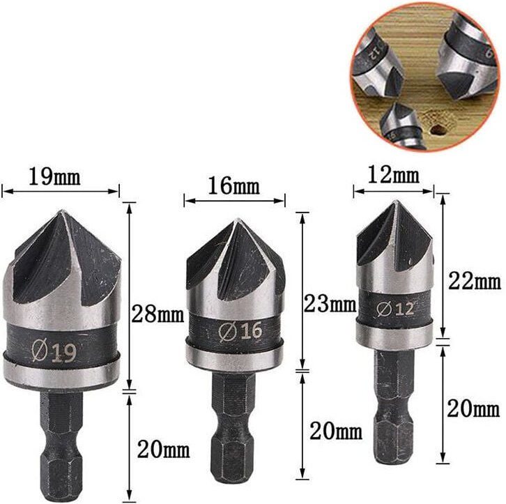 3-teiliges 90-Grad-Fasenfräser-Set mit 5 Nuten für Holz, Metall, Schnellwechsel-1/4-Zoll-Sechskant-Fasenbohrer aus Kohle...