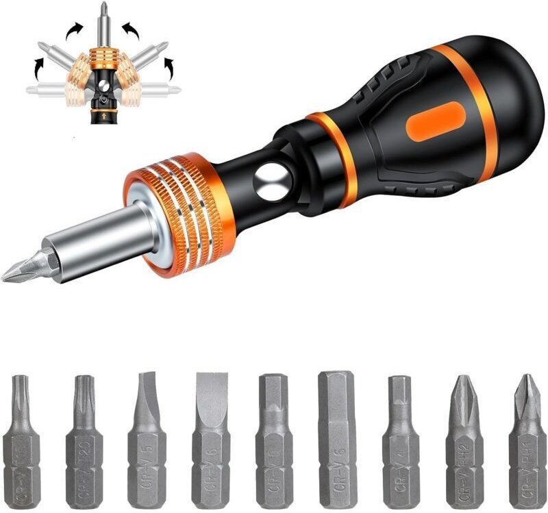 Ratschenschraubendreher, magnetischer Schraubendreher mit 9 Bits, 180° drehbarer Bit, multifunktionales Mini-Schraubendr...
