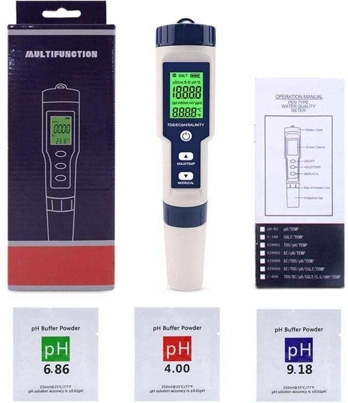 UlisemPH-Messgerät, elektronisch, 5-in-1, mit TDS, EC, Salzgehalt, Temperatur, pH-Tester, mehrere Parameter, wasserdicht...