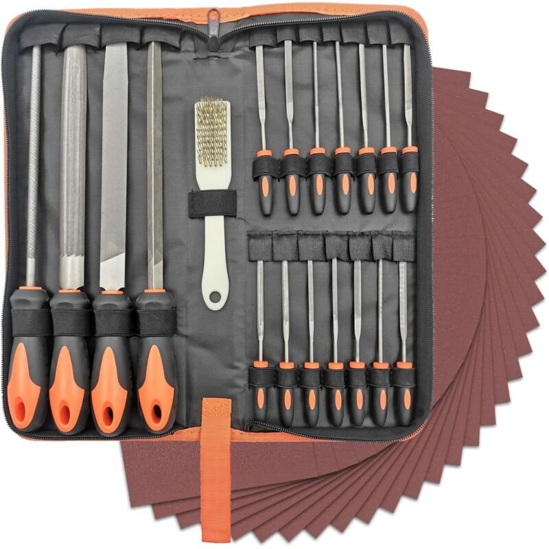 Holzbearbeitungsfeilen-Set mit Etui, enthält 4 große Feilen (flach, halbrund, rund, dreieckig), 14 Nadelfeilen und 30 Sc...