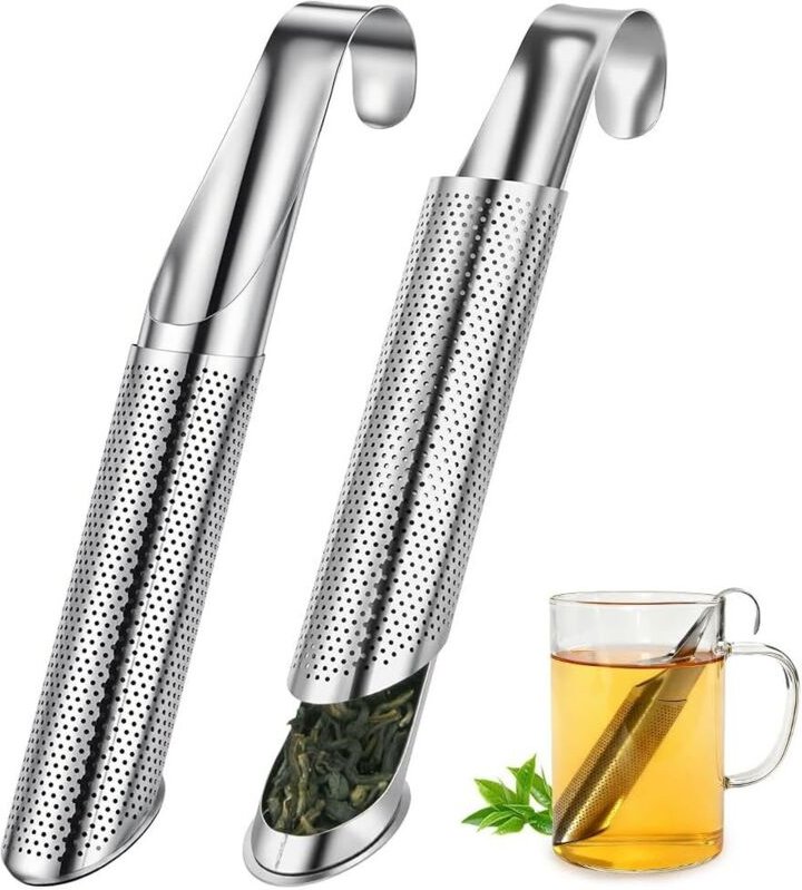 Edelstahl-Teesieb, silberfarben, 14,5 x 3,1 cm, inklusive zwei Kräuterteefiltern und Deckeln, geeignet für Teekannen, Ta...