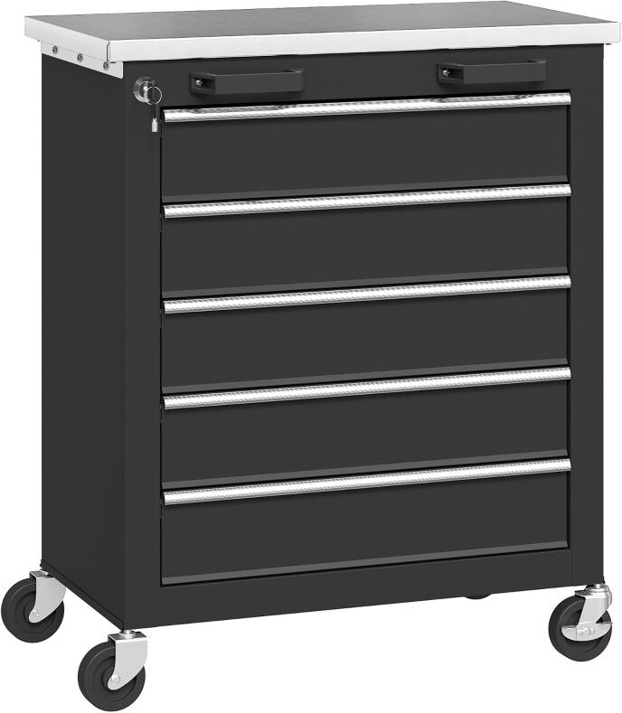Werkzeugwagen mit 5 Schubladen, rollbare Werkzeugkiste aus Stahl, robust und mobil, Silber/Schwarz