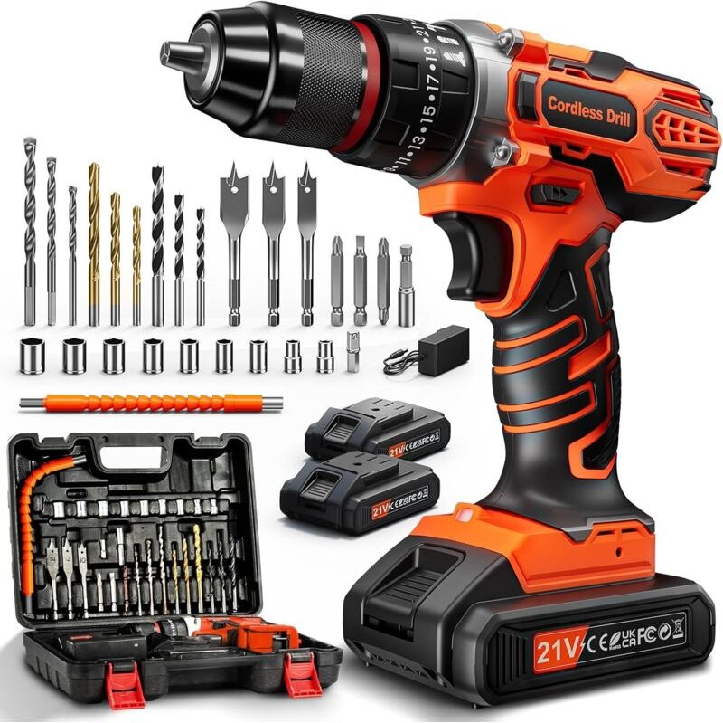 Akku-Bohrschrauber, 21-V-Schrauber mit 2 Akkus, 45-Nm-Schlagbohrschrauber, 25+3 Drehmomenteinstellungen, 10-mm-Metallboh...