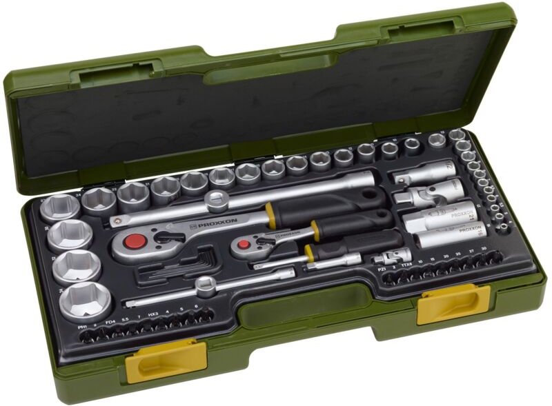 Proxxon Steckschlüsselsatz 1/4 u.1/2 Zoll 65 tlg.4-34 mm Schlitz/PH/PZD/TX/6 KT