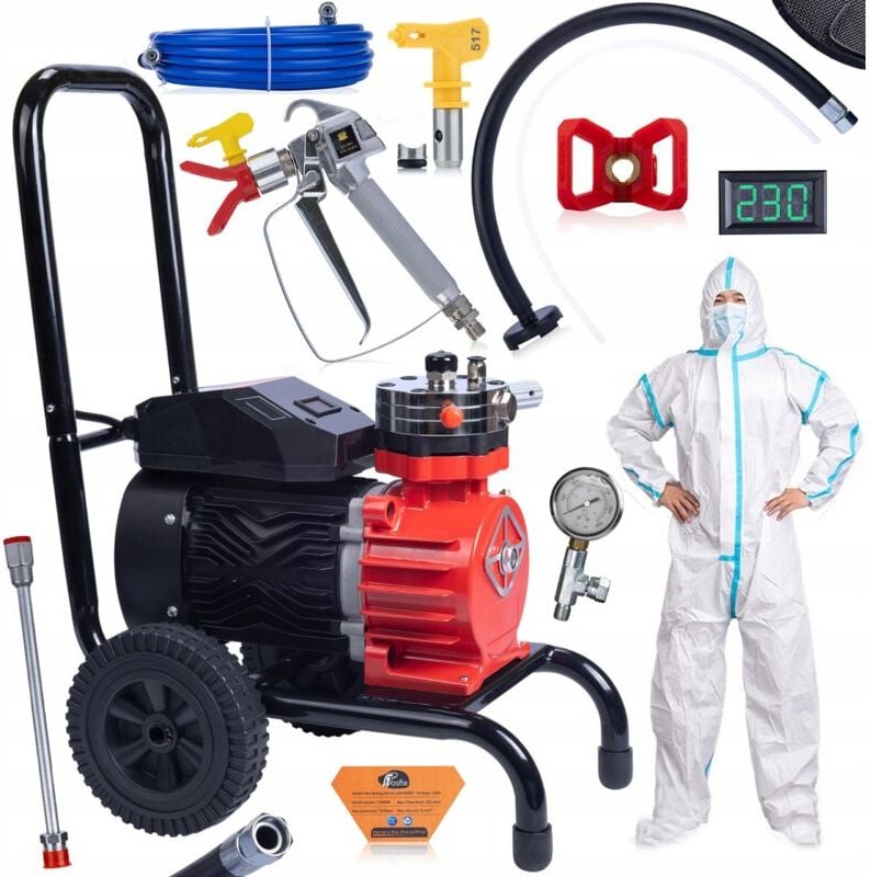 Rosfix Set Red Strong Storm 1100 RSS05 – Airless Farbspritzgerät 3500 W, 22 MPa, 18 l/min LCD-Display, 8 m Schlauch, Pis...