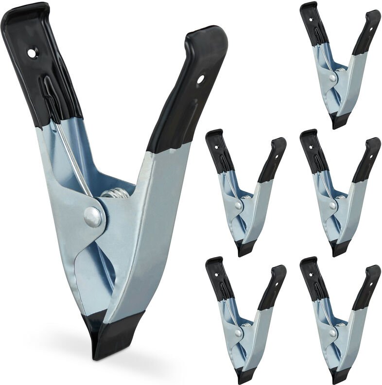 Relaxdays Klemmzwingen Metall, große Federzwingen im 6er Set, Spannweite 50 mm, Foto, Pool, Leimklemmen 145 mm, schwarz
