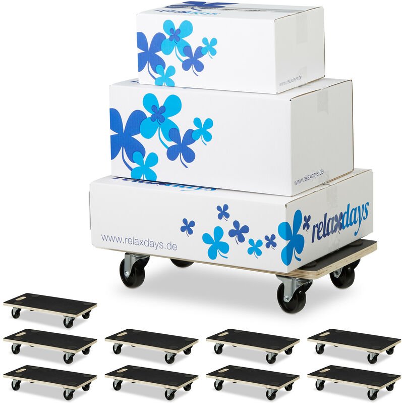 10 x Transportroller mit Feststellbremse, 400 kg, Lenkungsrollen, Anti-Rutsch-Belag, HxBxT: 11,5 x 58 x 30 cm, schwarz