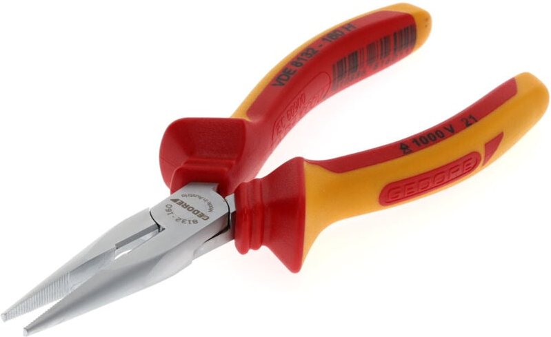 Vde Flachrundzange, Elektronik, lange Backen, gezahnt, gerade, induktiv gehärtet, Länge 160 mm, vde 8132-160 h - Gedore