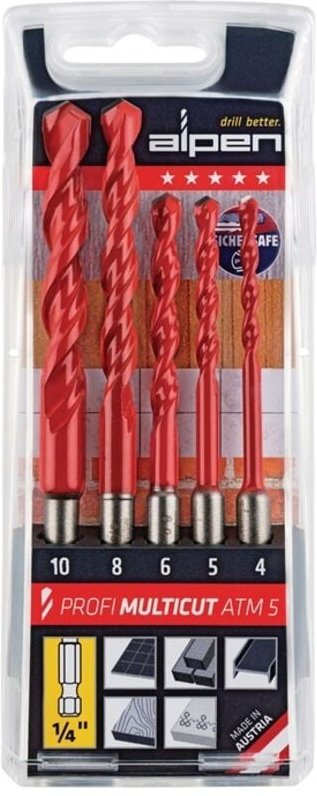 Alpen - MultiCut 100805100 Hartmetall Mehrzweckbohrer-Set 5teilig 1/4' (6.3 mm) 1 Set