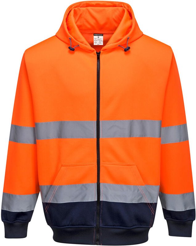 Hochsichtbarer zweifarbiger Kapuzen-Sweatshirt mit Reißverschluss Orange/Marine 3XL