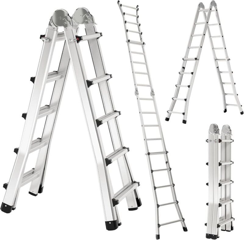 Teleskopleiter klappbar - 4,8m - 4x5 Sprossen, Treppenleiter, Treppensteigerleiter, Profi Multifunktion, Tragkraft: 150k...