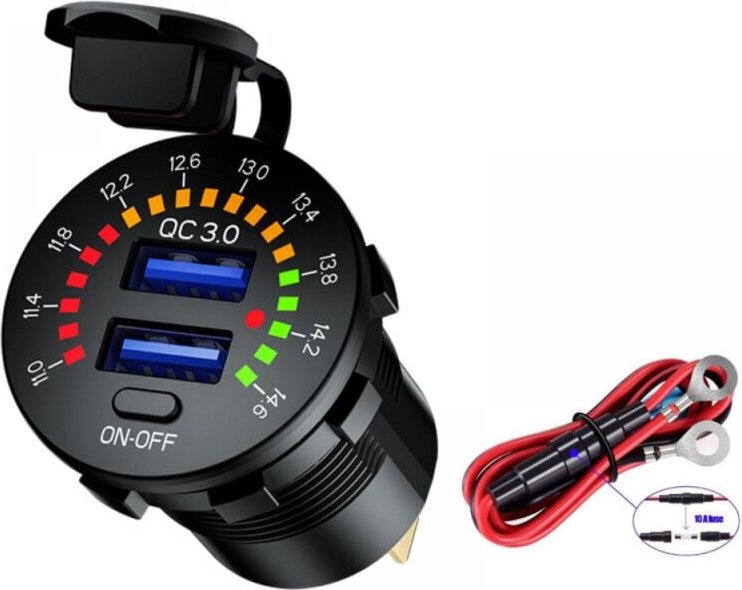 Schnellladefähiges 12V/24V 36W USB-Autoladegerät mit zwei QC3.0-USB-Anschlüssen für Boote und Motorräder, inklusive 1 m ...