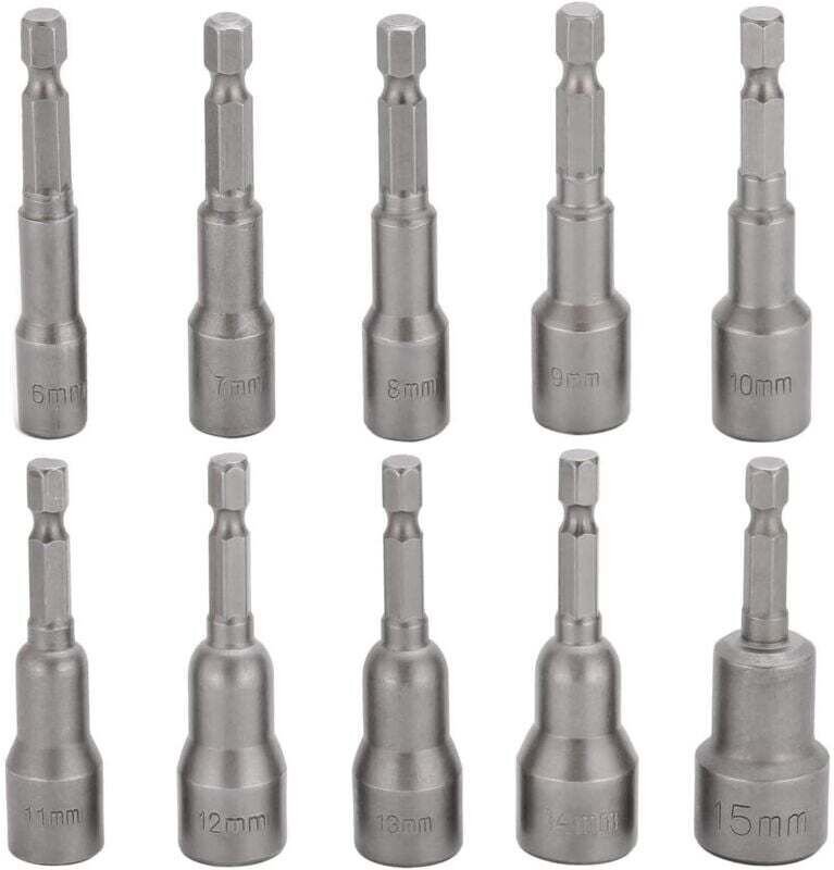 10-teiliges Schlagschrauber-Bit-Set 6–15 mm, magnetisches Sechskant-Steckschlüssel-Set, magnetisches Bohrer-Bit-Set, Sec...