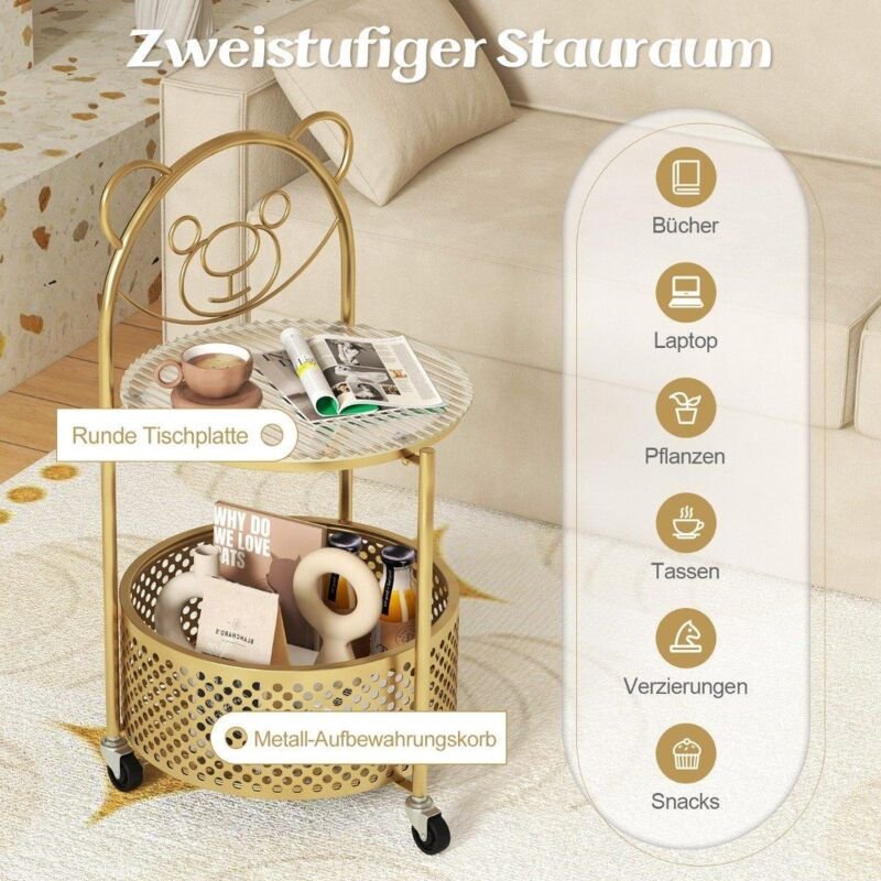 Northix - Beistelltisch glas mit rollen 2 stufiger glastisch rund mit barenmuster wei