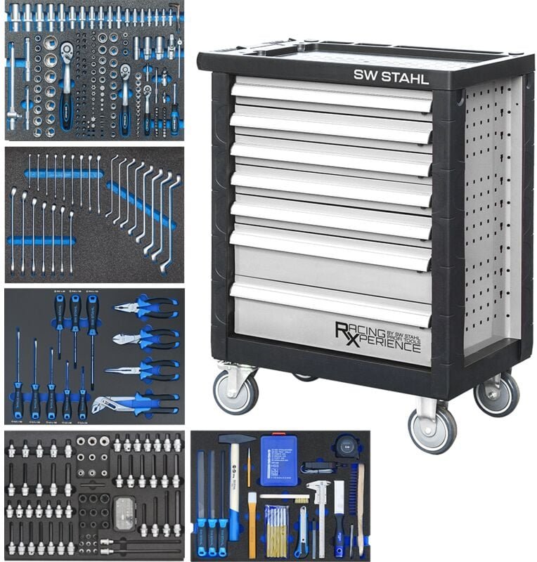SW-Stahl Z3705 Werkstattwagen-Sortiment I Silber I bestückt 347 TLG I Werkstattwagen Werkzeugwagen gefüllt I Werkzeugsch...